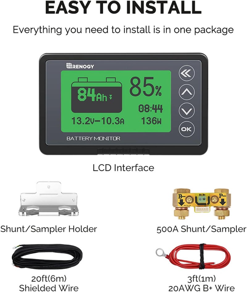 Renogy جهاز مراقبة البطارية 500A مع شنت، إنذار قابل للبرمجة للجهد العالي والمنخفض، نطاق 10V-120V حتى 500A، كابل محمي بطول 20 قدم، متوافق مع بطاريات ليثيوم 12V مغلقة، هلامية، ومغمورة، أسود - Image 3