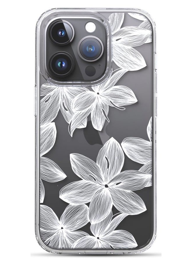 RANZ Compatible with iPhone 13 Pro Max Case, Anti-Scratch Shockproof Series Clear Hard PC+ TPU Bumper Protective Cover Case for iPhone 13 Pro Max (6.7") - White Flower - Image 1