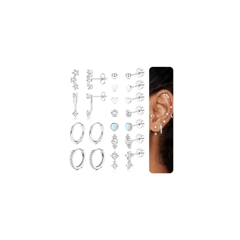 LOYALLOOK Hypoallergenic Flat Back Earrings for Women Trendy 20G Surgical Stainless Steel Earrings Silver Cartilage Earring Stacks Flatback Stud Earring Sets for Multiple Piercing - Image 1