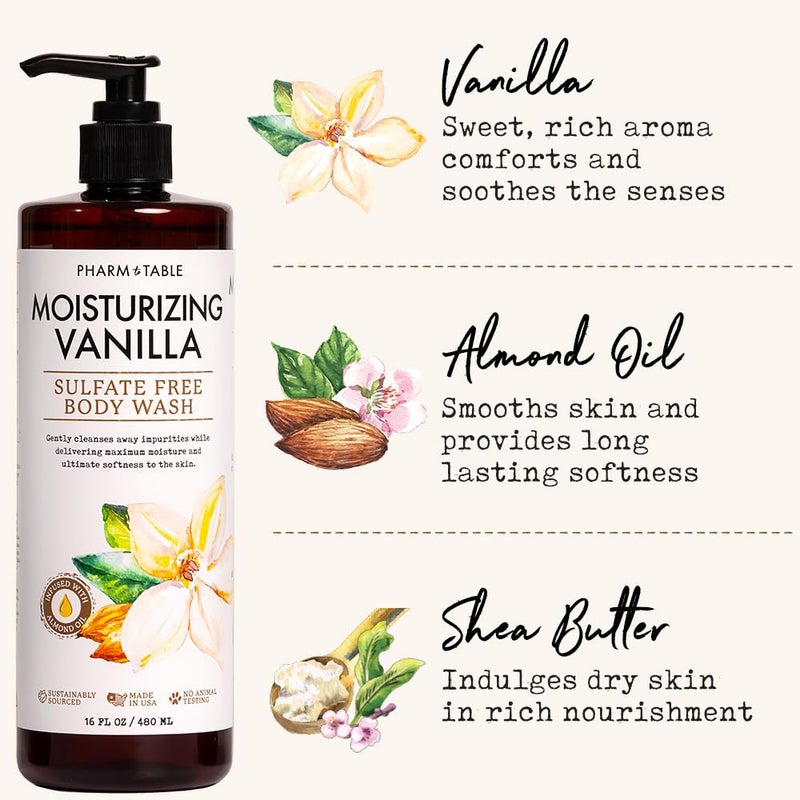 PHARM TO TABLE Moisturizing Vanilla Body Wash for Women and Men - Moisturizes and Softens the Skin, Sulfate Free, 100% Cruelty Free, 480ml - Image 3