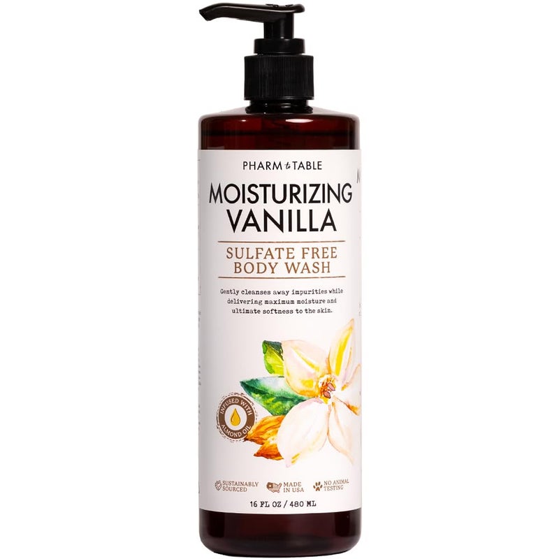 PHARM TO TABLE Moisturizing Vanilla Body Wash for Women and Men - Moisturizes and Softens the Skin, Sulfate Free, 100% Cruelty Free, 480ml - Image 1