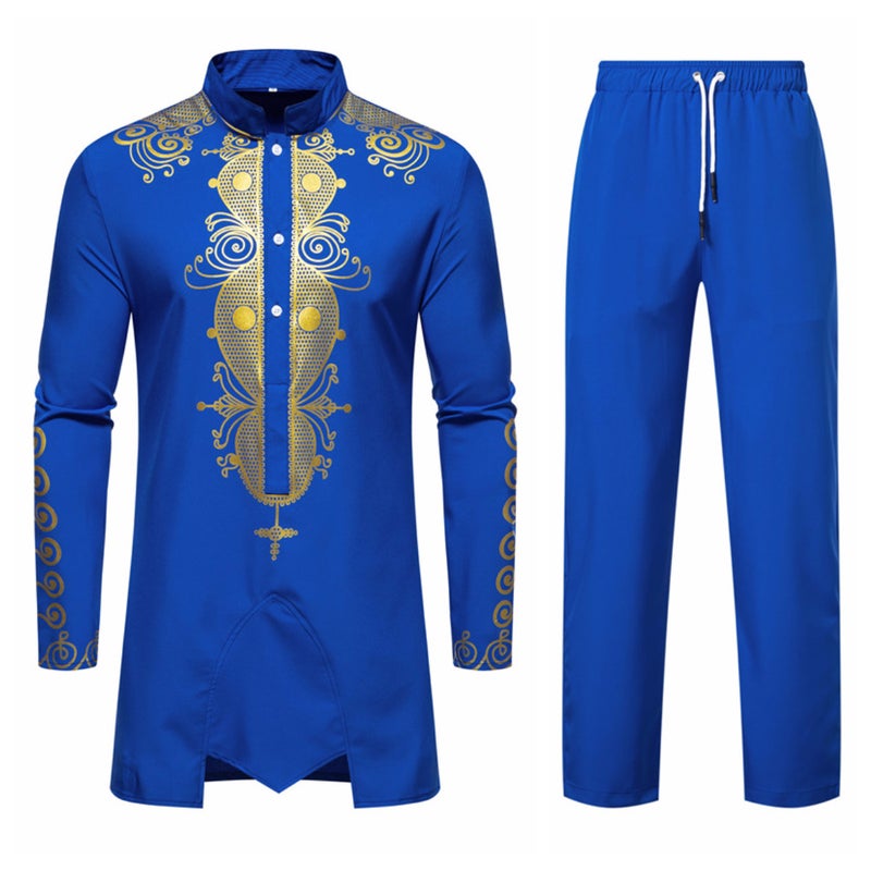 2023 Foreign Trade New Mens Casual Printed Robe Shirt Ethnic Totem Fashion European Size Fashion Two-piece Set Royal blue 
