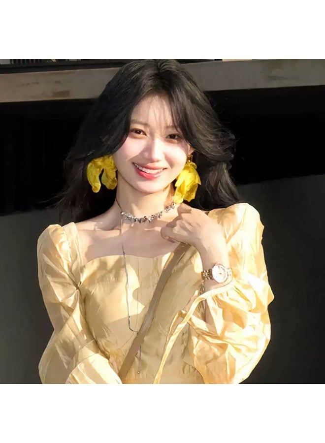 Goolsky Ethereal Yellow Flower Earrings – Sweet Chiffon Boutique Vacation Statement Studs, New Luxury Design, Soft Chiffon Flowers, Beach/Vacation/Summer Parties, Lightweight - Image 1