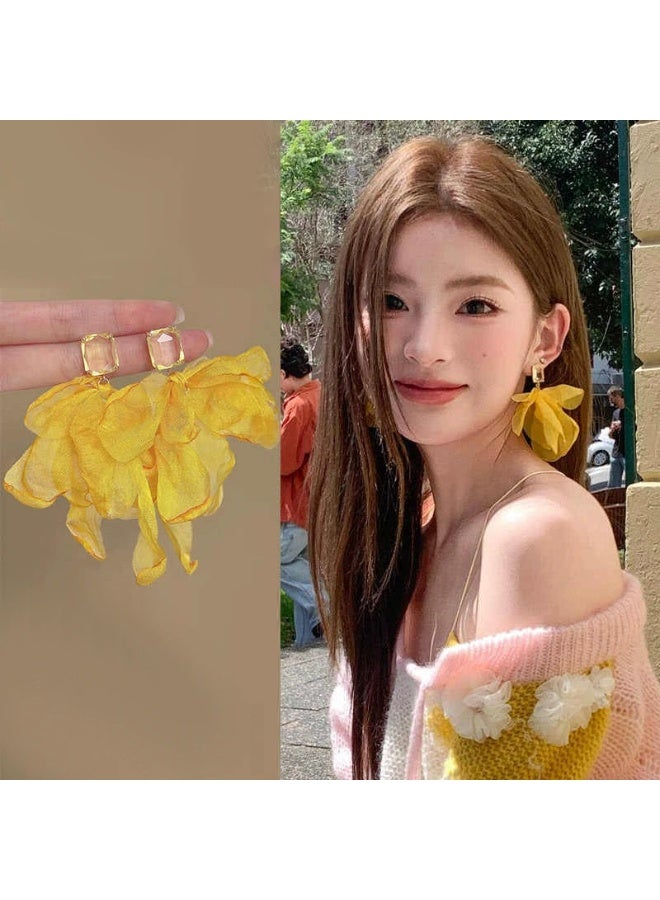 Goolsky Ethereal Yellow Flower Earrings – Sweet Chiffon Boutique Vacation Statement Studs, New Luxury Design, Soft Chiffon Flowers, Beach/Vacation/Summer Parties, Lightweight - Image 3