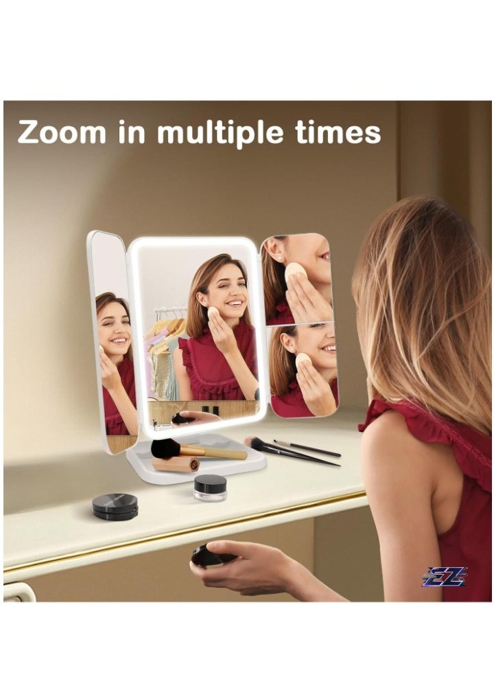 ELTRAZONE - 3-Fold Lighted Makeup Mirror with 5X/3X/1X Magnification 52 LED Vanity Mirror with Adjustable Brightness, Touch Screen Control, and 180° Adjustable Rotation – Portable, Foldable Countertop Cosmetic Mirror for Flawless Makeup Application - Image 1