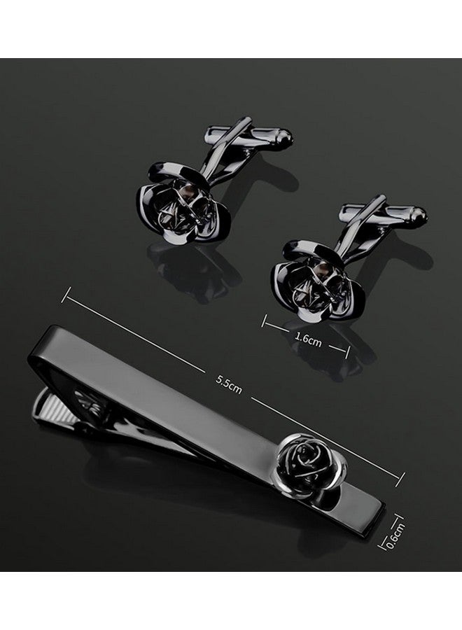 Jonwo Rose Flower Cufflinks And Tie Pin Set Regular Necktie Tie Clip Tie Bar Men Cufflinks For Wedding Business Shirt Tie (Gunmetal Cufflinks Tie Pin Set) - Image 4