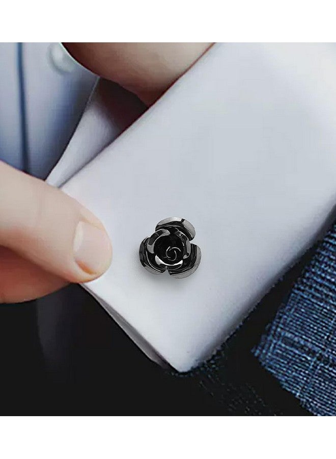 Jonwo Rose Flower Cufflinks And Tie Pin Set Regular Necktie Tie Clip Tie Bar Men Cufflinks For Wedding Business Shirt Tie (Gunmetal Cufflinks Tie Pin Set) - Image 2