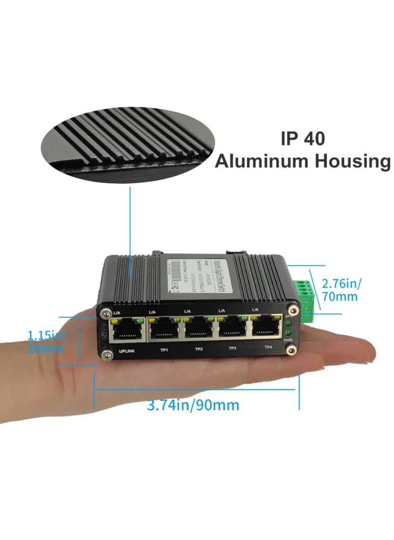 SYOSI - 5 Port Gigabit Ethernet Switch Din Rail Mount Ethernet Switch with Wall Mounts High Speed Ethernet Switch with Mounting Options Hardened 5 Port RJ45 10 100 1000Mbps Surge Protection - Image 1
