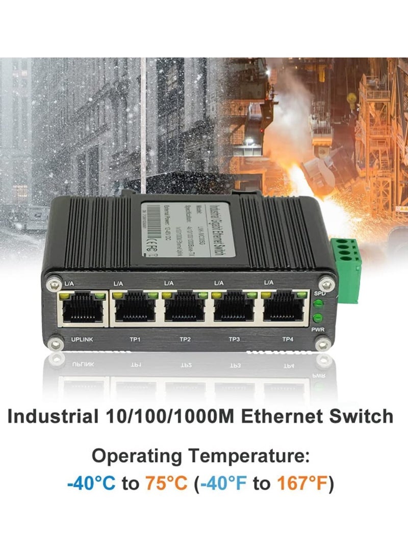 SYOSI - 5 Port Gigabit Ethernet Switch Din Rail Mount Ethernet Switch with Wall Mounts High Speed Ethernet Switch with Mounting Options Hardened 5 Port RJ45 10 100 1000Mbps Surge Protection - Image 1