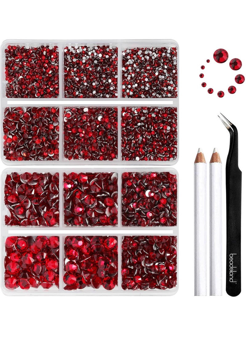 BEADSLAND Beadsland 8300PCS Flatback Rhinestones, Red Rhinestone Nail Gems Round Crystal Rhinestones for Crafts, Mixed 10 Sizes with Wax Pencil and Tweezer Kit, SS3-SS30, Siam 