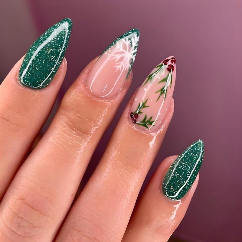 WULIUFLY Field test upgraded craftsmanship Christmas Press on Nails Almond Green Glitter Fake Nails Medium French Tip False Nails with Snowflake Designs Acrylic Nails Xmas Glue on Nails Glossy Medium Artificial Nails Stick on Nails for Women Connectable modular - Image 1