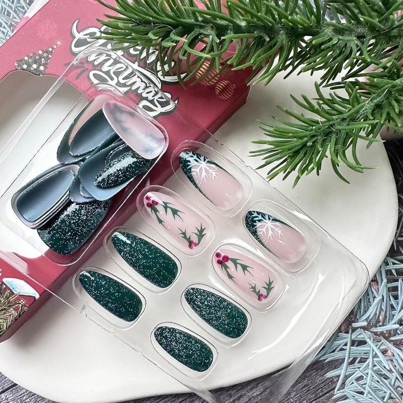 WULIUFLY Field test upgraded craftsmanship Christmas Press on Nails Almond Green Glitter Fake Nails Medium French Tip False Nails with Snowflake Designs Acrylic Nails Xmas Glue on Nails Glossy Medium Artificial Nails Stick on Nails for Women Connectable modular - Image 5