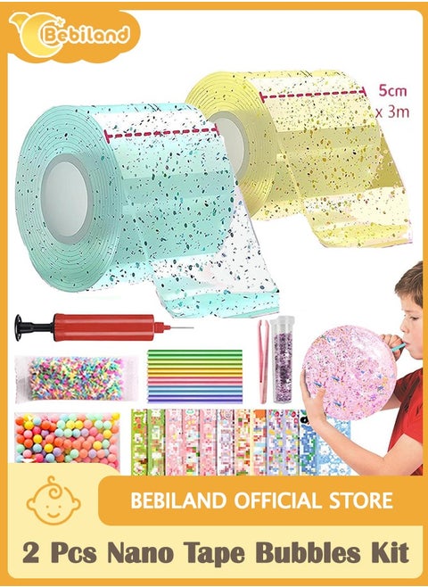 2 Pcs Nano Tape Bubbles Kit,with Straws Glitter Double-Sided Tape Bubble Balloons Elastic Magic Plastic Bubbles DIY Craft Gifts for Party Birthday Fidget Toys Gift (Yellow and Green)