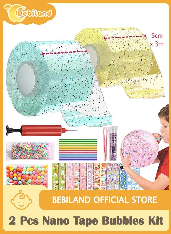 2 Pcs Nano Tape Bubbles Kit,with Straws Glitter Double-Sided Tape Bubble Balloons Elastic Magic Plastic Bubbles DIY Craft Gifts for Party Birthday Fidget Toys Gift (Yellow and Green)