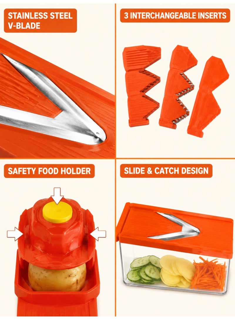 Manual V-Shaped Vegetable Slicer and Chopper – Professional Kitchen Tool for Slicing, Stripping, and Shredding – Stainless Steel Cutter with 3 Interchangeable Inserts and Hand Guard - Image 3