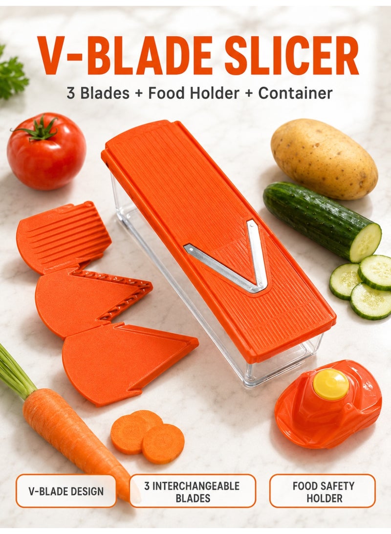 Manual V-Shaped Vegetable Slicer and Chopper – Professional Kitchen Tool for Slicing, Stripping, and Shredding – Stainless Steel Cutter with 3 Interchangeable Inserts and Hand Guard - Image 1