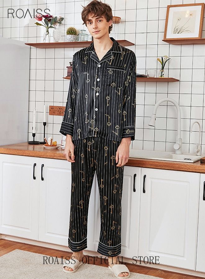 roaiss Silk Sleepwear for Men Loungewear Sets Button Down Long Sleeve Adult Nightgown  - Image 2