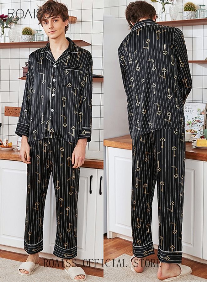 roaiss Silk Sleepwear for Men Loungewear Sets Button Down Long Sleeve Adult Nightgown  - Image 1