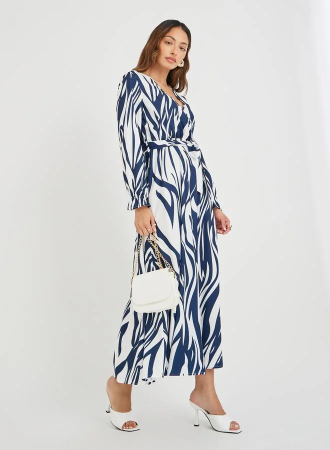 Take Two Take Two Women Abstract Printed V Neck Belted A-Line Maxi Dress
