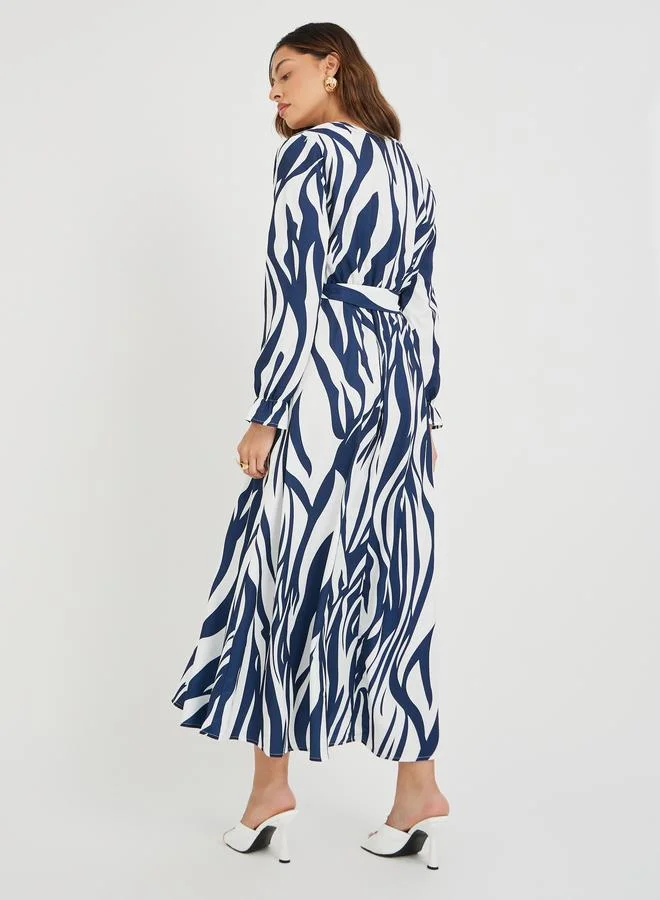 تايك تو Take Two Women Abstract Printed V Neck Belted A-Line Maxi Dress