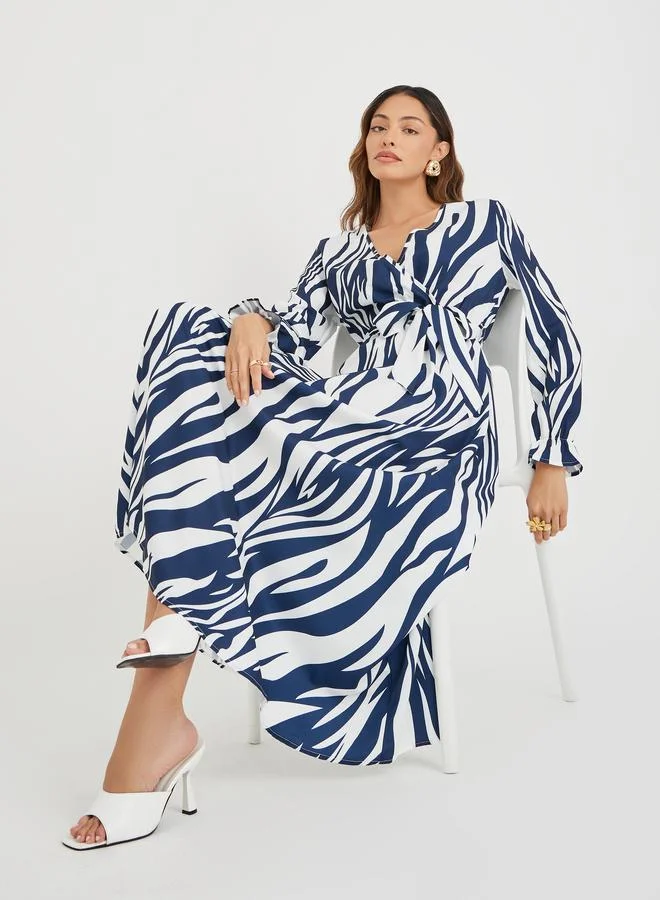 Take Two Take Two Women Abstract Printed V Neck Belted A-Line Maxi Dress