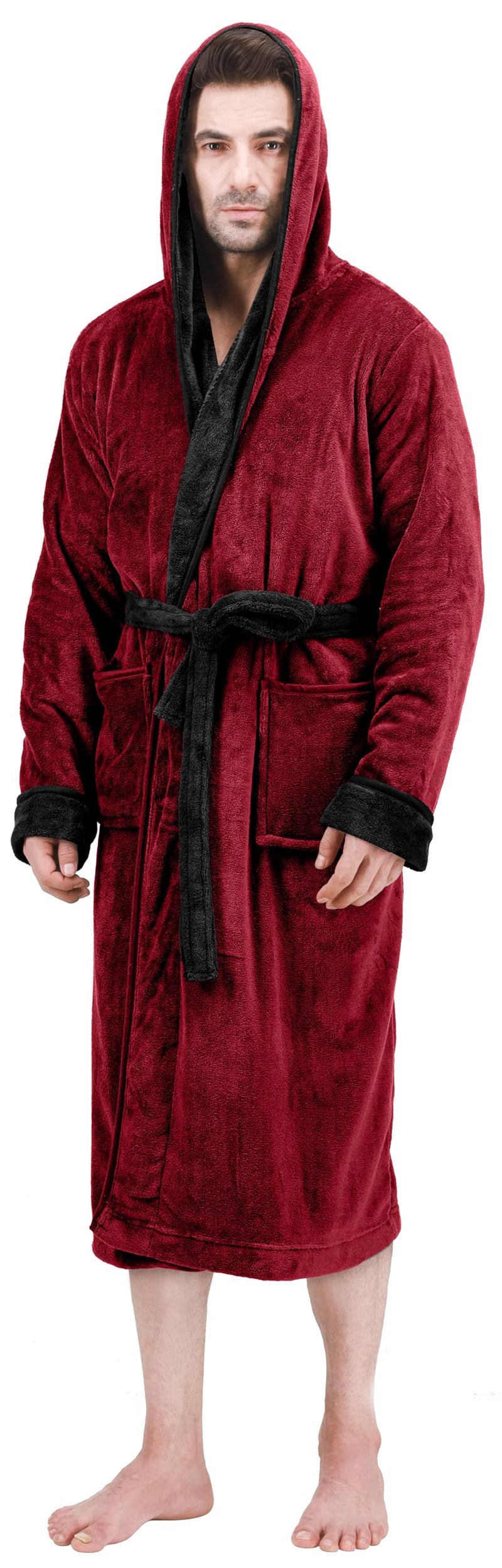 NY Threads Mens Hooded Fleece Bathrobe Plush Long Spa Robe Pack of 1 SmallMedium Burgundy and Black