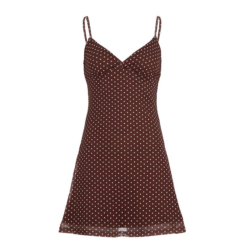 Polka Dot V-Neck A-Line Camisole Dress with Tie, Slim Fit, Short Length - Image 5