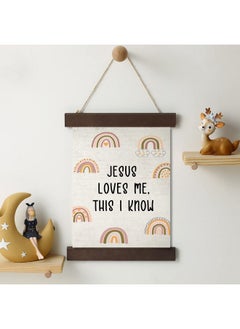 Oudain Boho Rainbow Nursery Wall Decor Baptism Gift For Girls Jesus Loves Me This I Know Christening Baby Hanging Canvas Wooden Dedication For Kids Baby Nursery Room 10 X 13.4 Inches (Rustic Style)  - Image 4