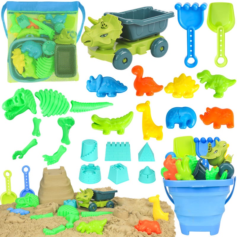 FUSPWEAO Beach Toys, Dinosaur Sand Toys with Dump Truck and Collapsible Beach Bucket, Shovel and Rake, Mesh Bag, Animal Dinosaur Sand Molds, Sand Castle Toy, Sandbox Toys for Toddlers Kids Boys - Image 1