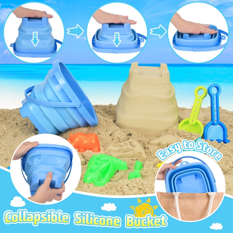 FUSPWEAO Beach Toys, Dinosaur Sand Toys with Dump Truck and Collapsible Beach Bucket, Shovel and Rake, Mesh Bag, Animal Dinosaur Sand Molds, Sand Castle Toy, Sandbox Toys for Toddlers Kids Boys - Image 2