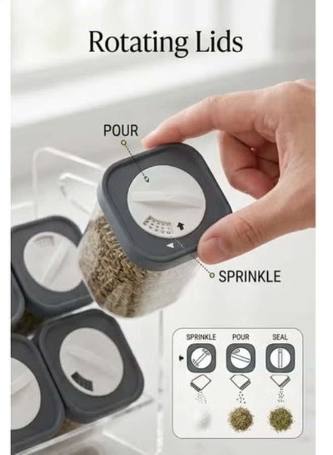 Acrylic Spice Rack Organizer with 12 x 200ml Seasoning Jars and 3-Tier Storage Stand (37 × 26 cm) – Rotating Lids with 3 Adjustable Pour Settings for Herbs, Salt, Pepper & Seasonings, Space-Saving Kitchen Counter Organizer, Easy Refill & Cleaning, Ideal for Home, Restaurant & Café Use - Clear - Image 3