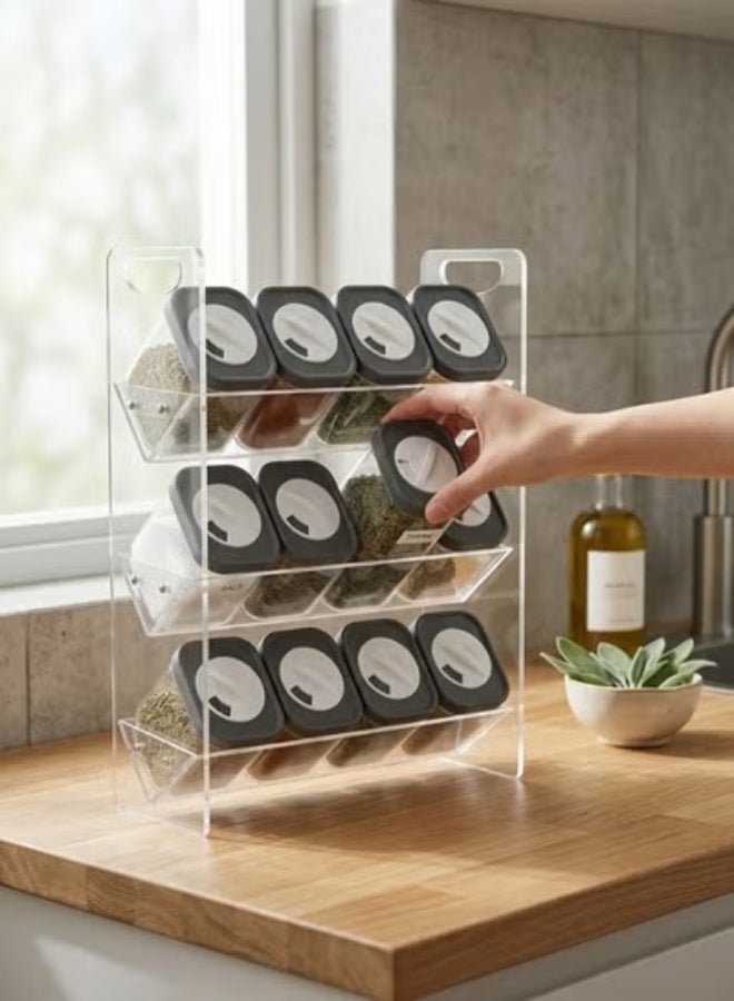 Acrylic Spice Rack Organizer with 12 x 200ml Seasoning Jars and 3-Tier Storage Stand (37 × 26 cm) – Rotating Lids with 3 Adjustable Pour Settings for Herbs, Salt, Pepper & Seasonings, Space-Saving Kitchen Counter Organizer, Easy Refill & Cleaning, Ideal for Home, Restaurant & Café Use - Clear - Image 4
