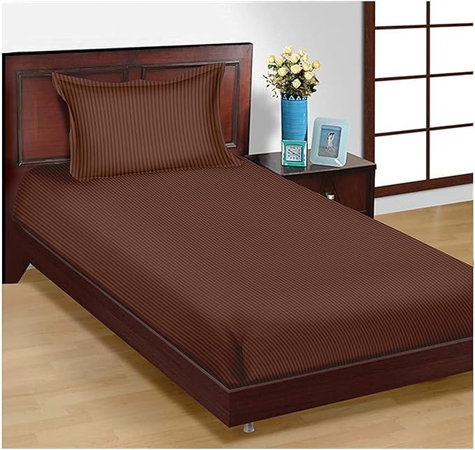 DECOR2ADMIRE DECOR2ADMIRE 300 TC Glace Cotton All Round Elastic Fitted Plain Stripe Single Bedsheet with 1 Pillow Cover for Home Pg Room Hotels Hostels Fits up to 6 inches Mattress 60 x 90 Brown  - Image 1