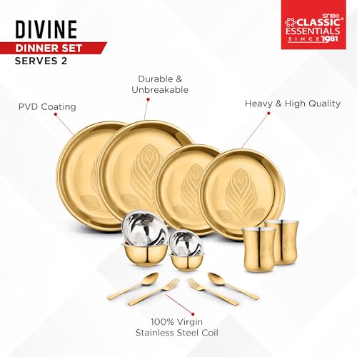 Classic Essentials Stainless Steel Gold Dinner Set with PVD Coating (Divine Dinner Set) | High Grade PVD Coating with Permanent Laser Design (Set of 14) - Image 4