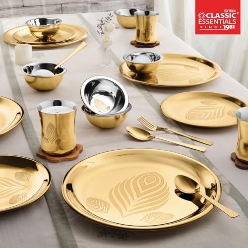 Classic Essentials Stainless Steel Gold Dinner Set with PVD Coating (Divine Dinner Set) | High Grade PVD Coating with Permanent Laser Design (Set of 14) - Image 3