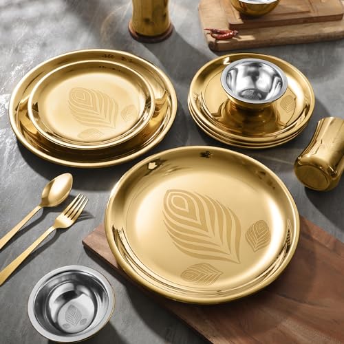 Classic Essentials Stainless Steel Gold Dinner Set with PVD Coating (Divine Dinner Set) | High Grade PVD Coating with Permanent Laser Design (Set of 14) - Image 2