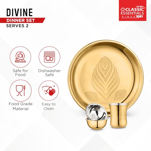 Classic Essentials Stainless Steel Gold Dinner Set with PVD Coating (Divine Dinner Set) | High Grade PVD Coating with Permanent Laser Design (Set of 14) - Image 5