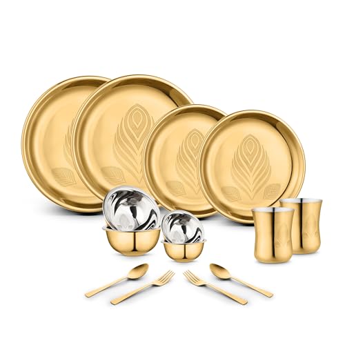 Classic Essentials Stainless Steel Gold Dinner Set with PVD Coating (Divine Dinner Set) | High Grade PVD Coating with Permanent Laser Design (Set of 14) - Image 1