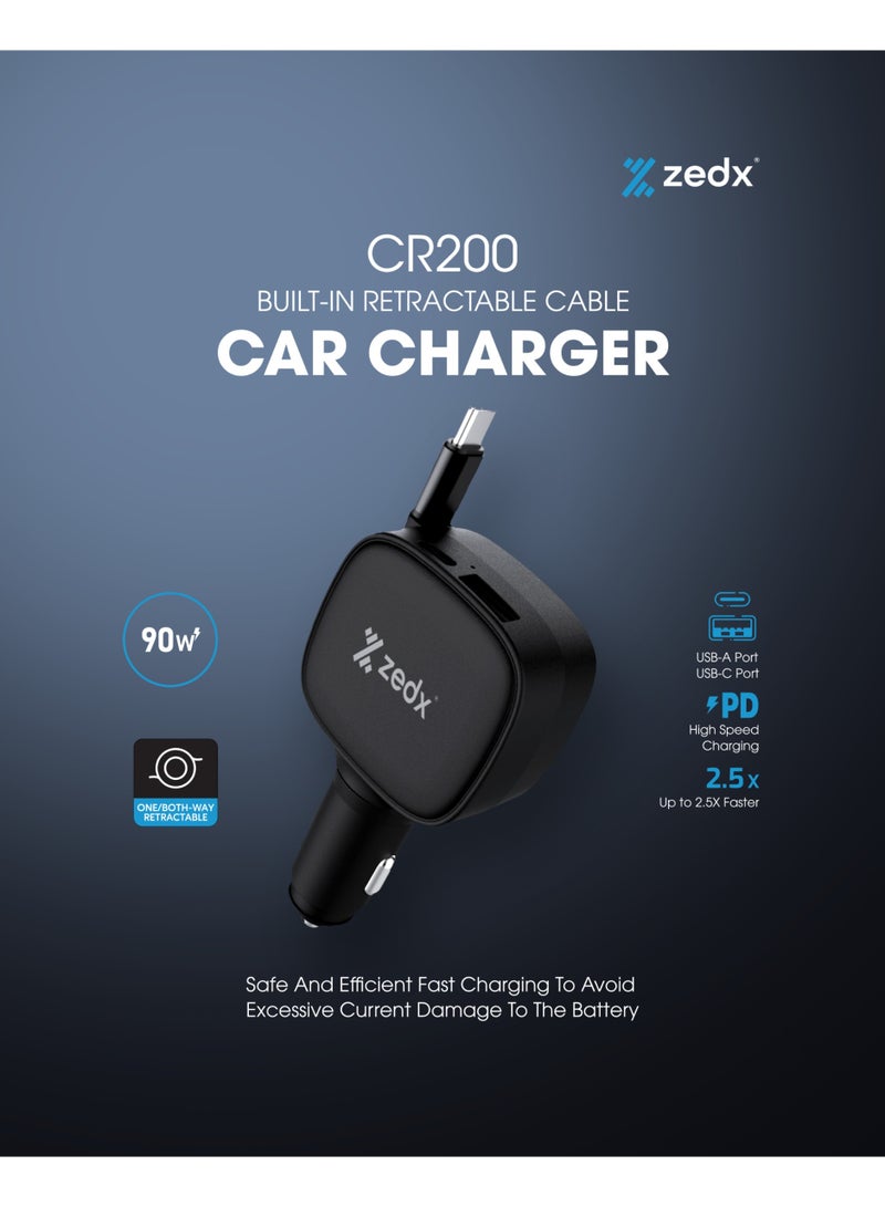 ZEDX CR200 90W PD Car Charger – Fast Charging USB-C & USB-A, Retractable Cable, Safe & Efficient