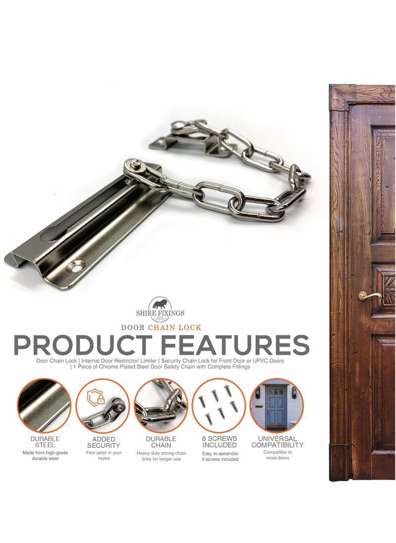 Excefore - Door Chain Lock Internal Restrictor/Limiter Security for Front or UPVC Doors 1 Piece of Chrome Plated Steel Safety with Complete Fittings - Image 1