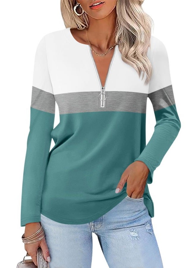 TICTICMISS Women's Long Sleeve Shirts Zipper Color Block V Neck Tunic Tops Casual Blouse, White-gray-blue, XL - Image 1