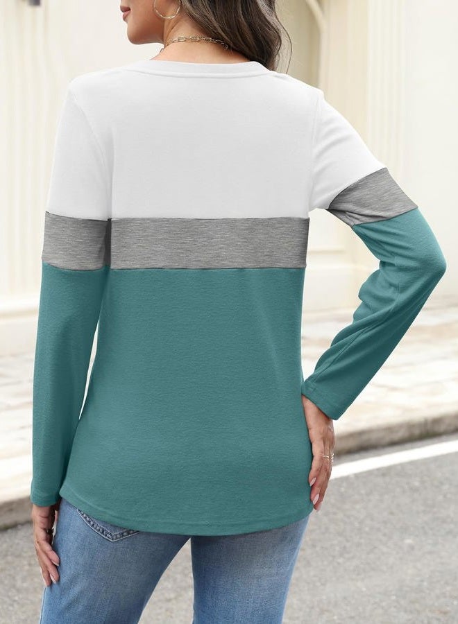 TICTICMISS Women's Long Sleeve Shirts Zipper Color Block V Neck Tunic Tops Casual Blouse, White-gray-blue, XL - Image 5