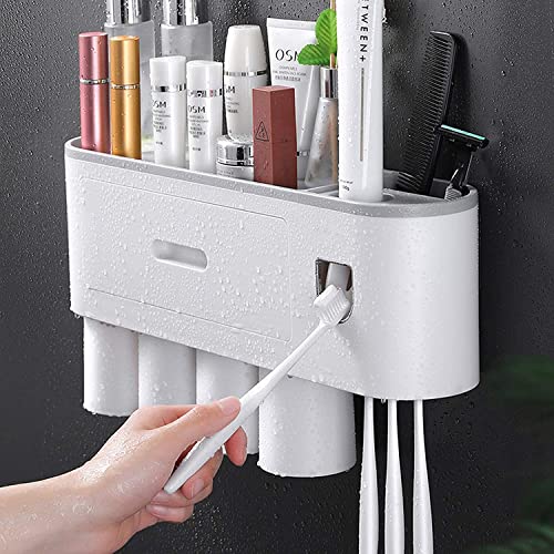 Onprix Abs Plastic Toothpaste Dispenser with Toothbrush Holder, Multifunctional Wall Mounted Toothbrush Holder for Bathroom. Toothbrush Organizer with Sticker for Women Kids Baby Bathroom (4 Cups) - Image 1