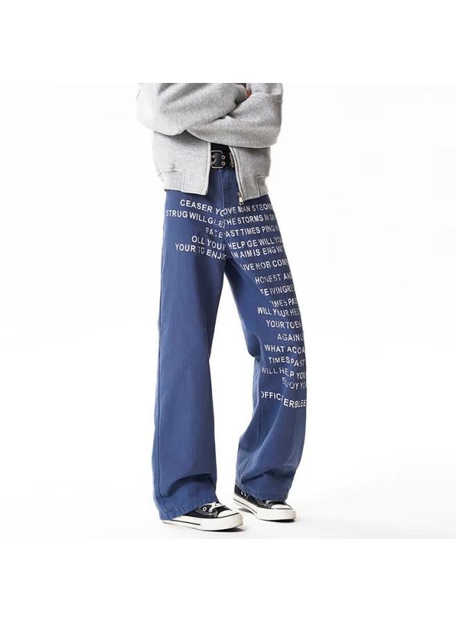Dingfengbaoluo American Vintage Letter Print Casual Men's Wide-leg Draped Denim Pants Dlk91 Mist Blue L - Image 4