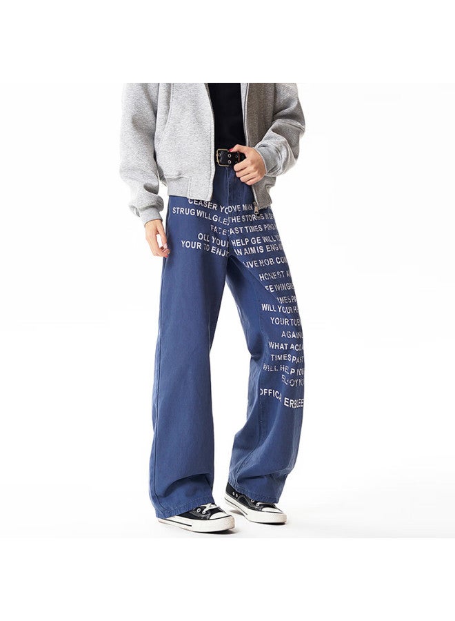 Dingfengbaoluo American Vintage Letter Print Casual Men's Wide-leg Draped Denim Pants Dlk91 Mist Blue L - Image 3