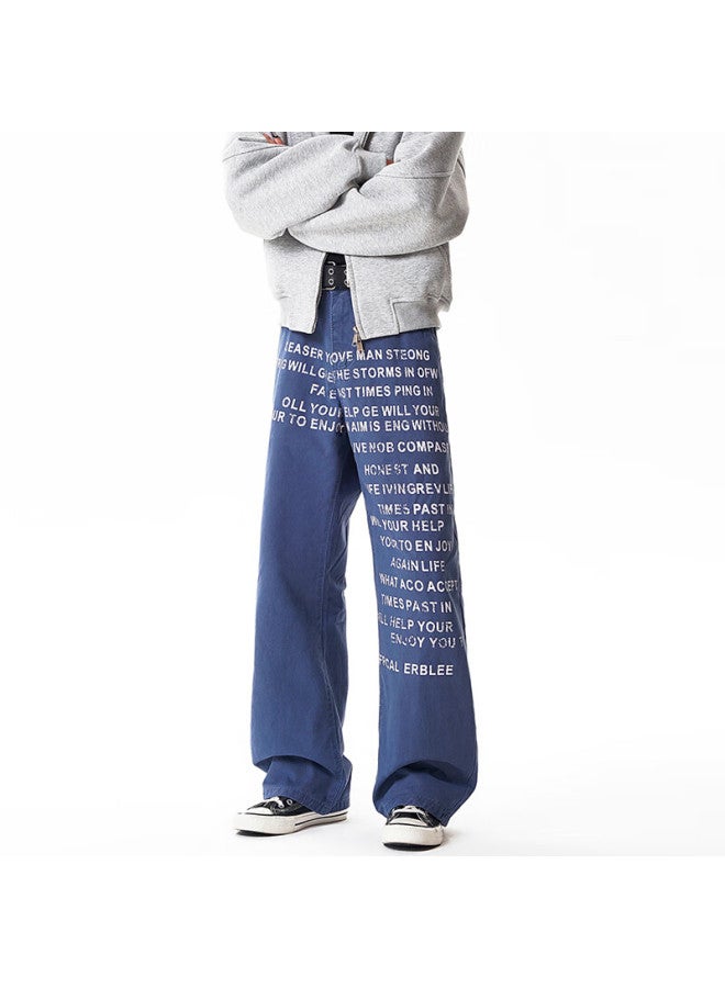 Dingfengbaoluo American Vintage Letter Print Casual Men's Wide-leg Draped Denim Pants Dlk91 Mist Blue L - Image 5