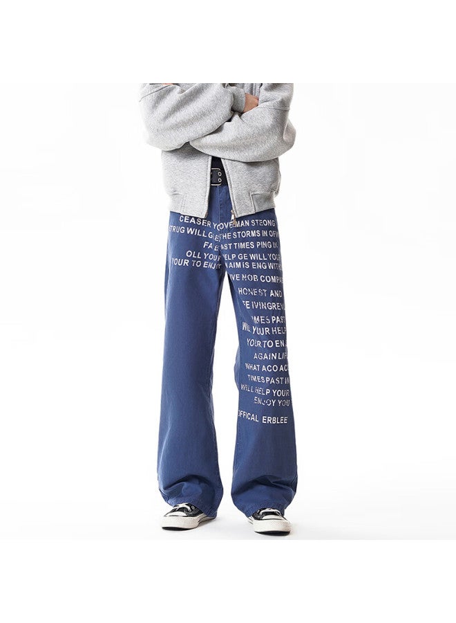 Dingfengbaoluo American Vintage Letter Print Casual Men's Wide-leg Draped Denim Pants Dlk91 Mist Blue L - Image 1