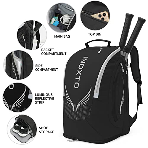INOXTO 40L Tennis Bags for Women and Men Large Tennis Backpack Can Hold 2 Tennis Rackets, Waterproof and Breathable Pickleball Bag With Independent Shoe Storage for Badminton Camping (Black) - Image 4