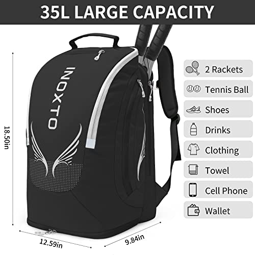 INOXTO 40L Tennis Bags for Women and Men Large Tennis Backpack Can Hold 2 Tennis Rackets, Waterproof and Breathable Pickleball Bag With Independent Shoe Storage for Badminton Camping (Black) - Image 3