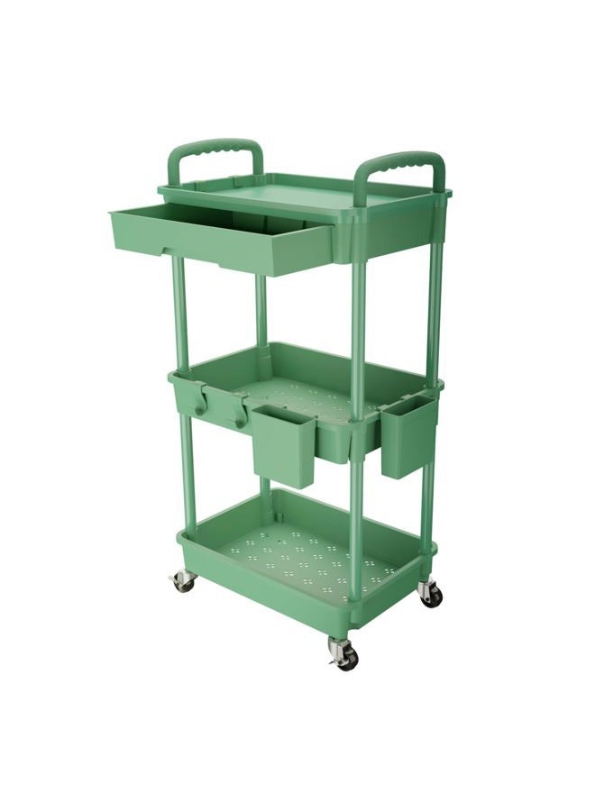 REBECAT 3 Tier Rolling Utility Cart with Drawer,Rolling Storage Cart,Storage Cart for Kitchen,Bathroom,Living Room,Storage Organizer with Iron Wheels(Green) - Image 1